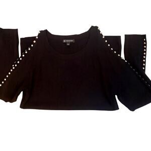 I.N.C Womens Silver Studded Cold Shoulder Sweater, Black, Sz L